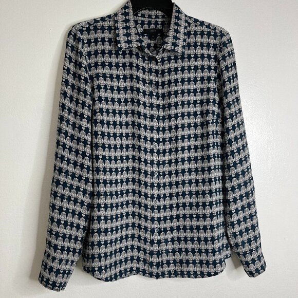 J. Crew Tops - J. Crew 100% Silk Boy Blouse Owl Print Button Up Long Sleeve Shirt Career Sz 4